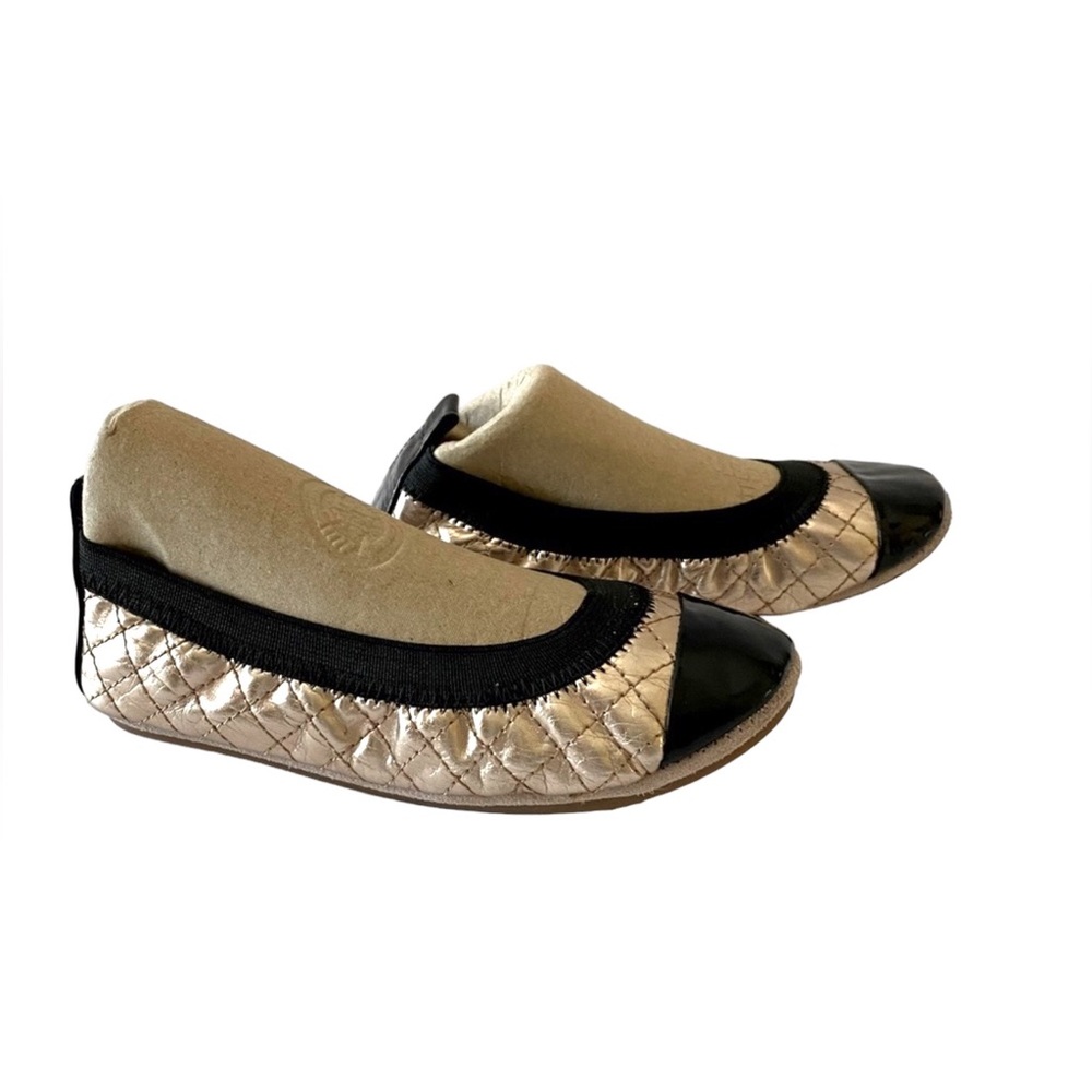 Yosi Samra Quilted Gold and Black Patent Leather Foldable Ballet Flats Size 13